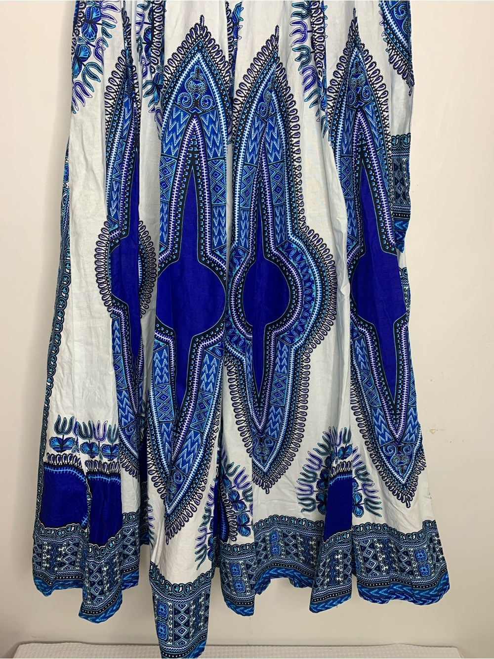 Bohemian Blue & White Cotton tribal tie waist smocked pocket maxi skirt small - Picture 4 of 14